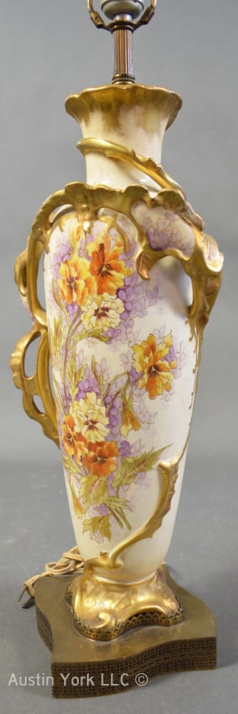 ART NOUVEAU HAND PAINTED PORCELAIN TABLE LAMP: A finely painted and gilt decorated Art Nouveau porcelain lamp. Does not appear to be signed. Measures: H 30 1/2" x C 18"