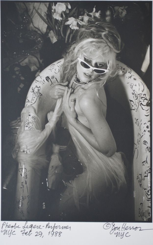 DON HERRON ORIGINAL NUDE TUB SHOT PHOTO SIGNED: Don Herron (American, 1941-2013) "Phoebe Legere - Performer" from the "Bathtub Series". Gelatin silver print. Signed/inscribed, dated NYC Feb 19, 1988. With Herron's "La muse d'art" studio stamp, vers