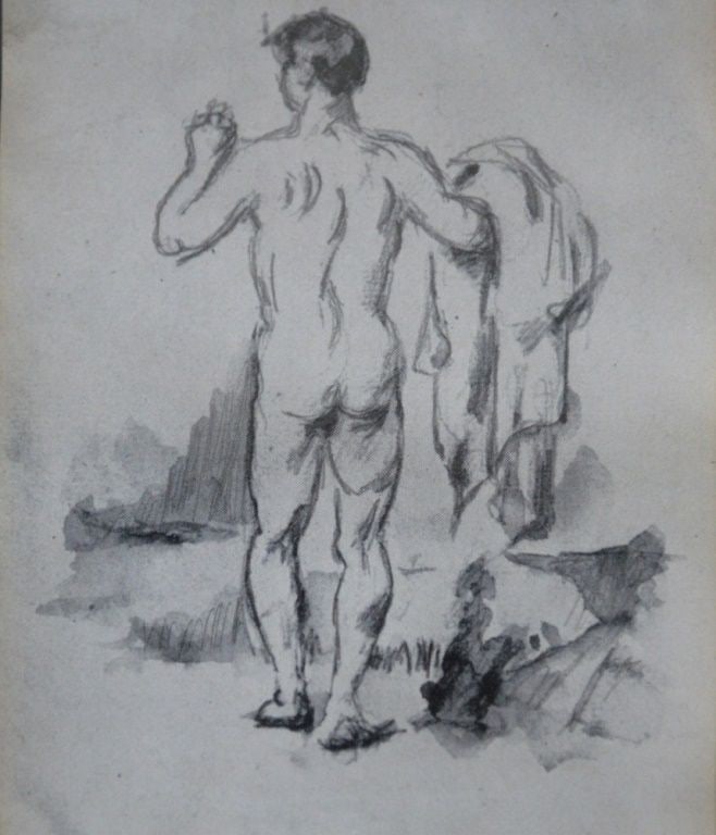 NUDE MAN ARTWORK: A nude man drawing. Work appears to be graphite on paper, but may be another material- when examined under a loupe the medium exhibits a visible matrix - not examined out of frame. Unsigned. Measures: