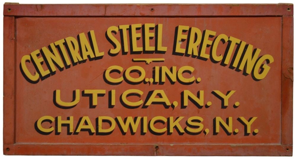 ANTIQUE HAND PAINTED WOODED ADVERTISING SIGN: A rare antique upstate NY advertising signboard. Painted design on wood. Central Steel Erecting Co. Utica / Chadwick NY. Good luck finding another.... Measures: 27" x 51 1/4"