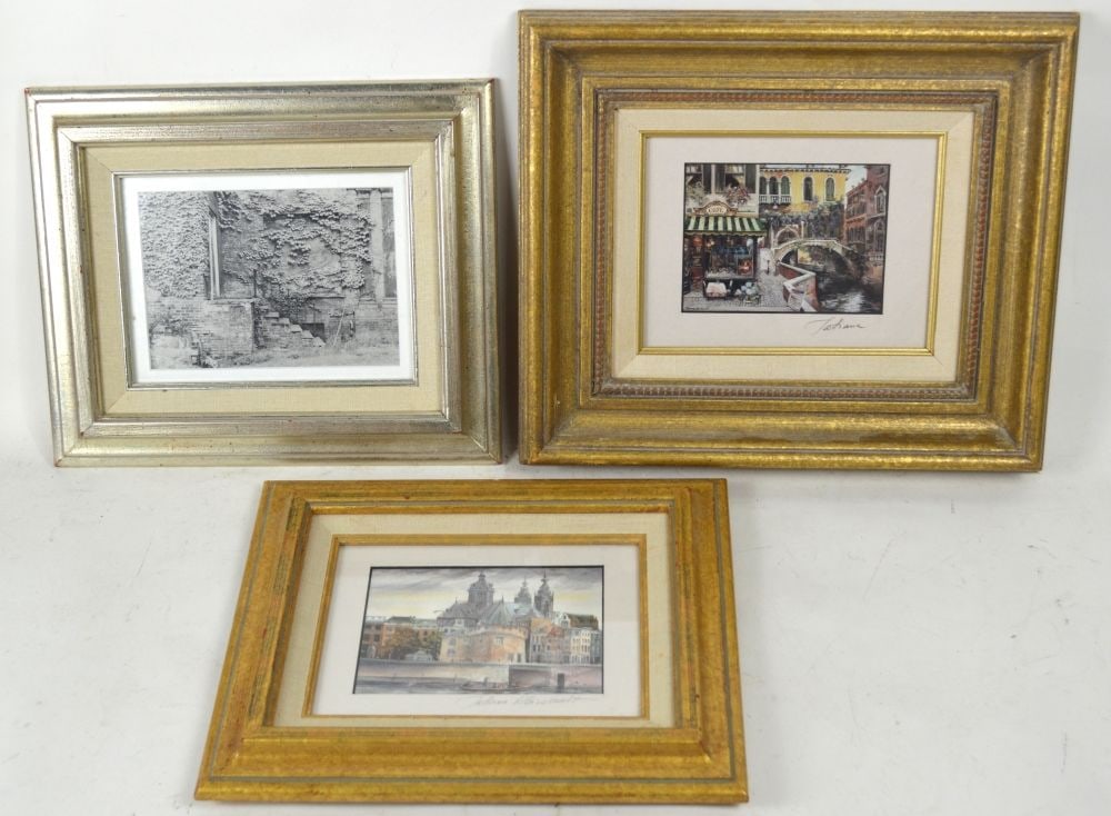 3 TATIANA RHINEVAULT PRINTWORKS SIGNED: Tatiana Rhinevault (NY/Hudson River Valley- Contemporary). A group of 3 (2 visibly signed) and framed, under glass, original printworks. Measures: Largest 11 3/4" x 13 3/4" Sight: 3 3/4" x 5"