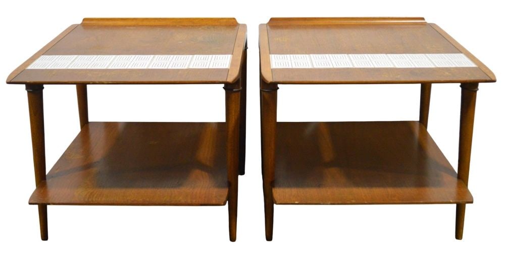 PAIR (2) MID CENTURY MODERN LANE SIDE TABLES: A pair of Lane (branded to underside) ceramic tile inlay walnut side tables. American mid century modern. Measures: 20" x 22 1/2" x 29"
