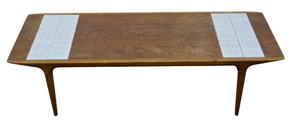 LANE MID CENTURY MODERN COFFEE TABLE: A Lane (branded underside) mid century modern walnut coffee table with ceramic tile inset. American mid century modern design. Measures: 14 3/4" x 54" x 20 1/4"