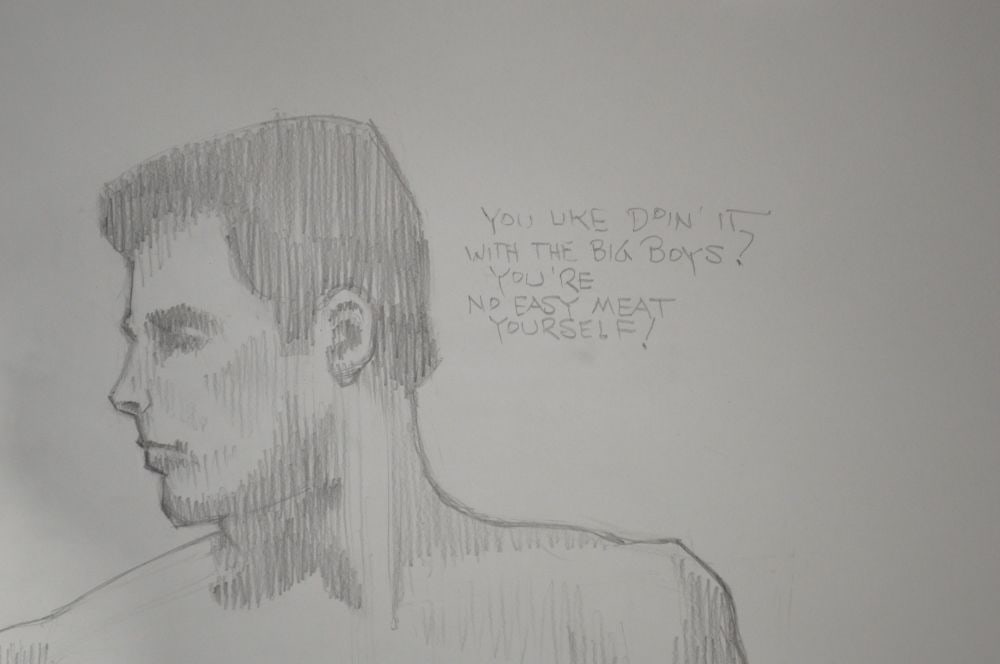 HOMOEROTIC DRAWING OF THREE NUDES: A homoerotic drawing of a trio enjoying themselves. The work is graphite/paper and is not signed. It is notated - see photos. Titled and dated. Measures: 72" x 48"