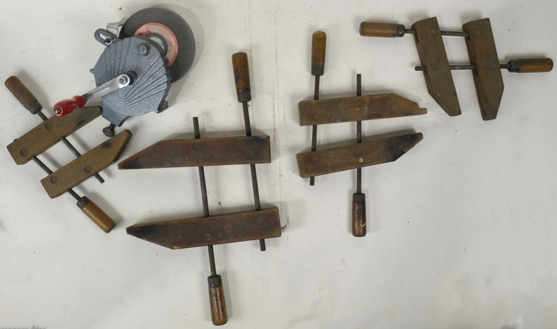 VINTAGE WOOD CLAMPS AND GRINDER LOT (1 of 6)