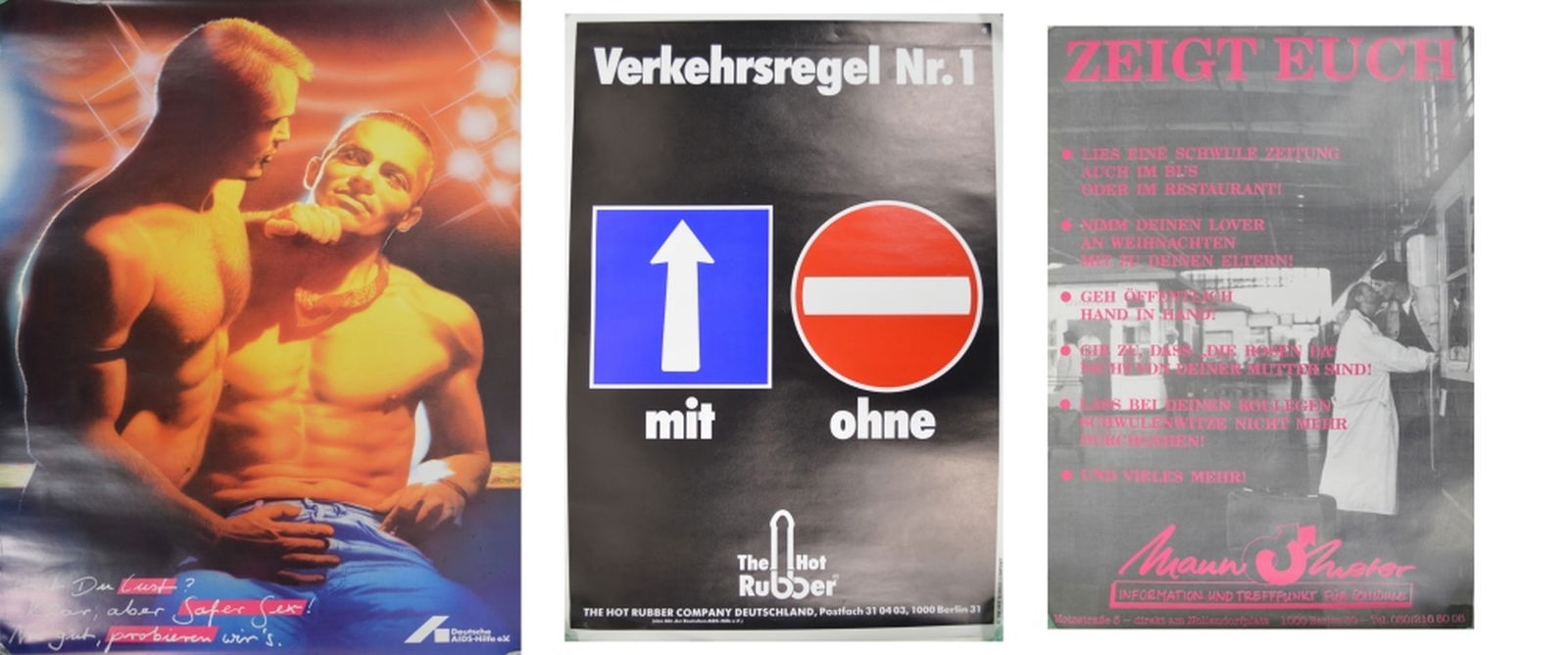3 VINTAGE 1980'S GERMAN HIV AIDS AWARENESS POSTERS: 3 circa 1980's HIV / AIDS prevention / awareness posters. Note: These were publicly displayed public health and awareness related posters. Measures: 26 1/2" x 19 1/4" 23 1/4" x 16 1/2" 23 3/8" x 16 1/