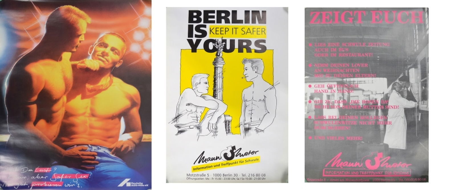 3 VINTAGE 1980'S GERMAN HIV AIDS AWARENESS POSTERS: 3 circa 1980's HIV / AIDS prevention / awareness posters. Note: These were publicly displayed public health and awareness related posters. Measures: 26 1/2" x 19 1/4" 23 1/4" x 16 1/2" 23 1/4" x 16 1/