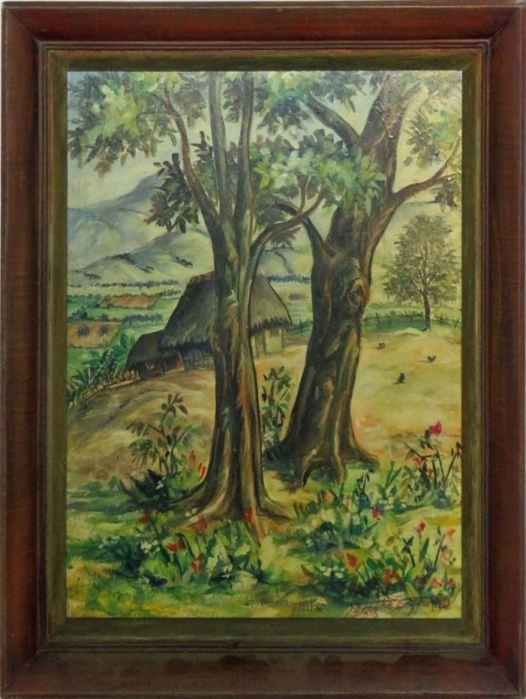 MID 20TH CENTURY MODERNIST PAINTING: A mid 20th century Cuban School (20th century) oil/wood panel, tropical landscape with huts, signed. Measures: H 20 3/4" x W 17 7/8" Sight: H16 5/8" x W 13 3/4"