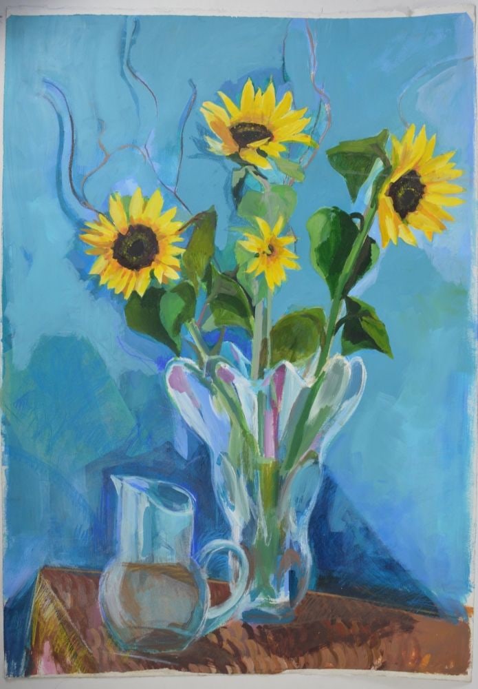 MODERNIST SUNFLOWER PAINTING SIGNED: A very good, modernist, sunflower still life painting. The work is w/c / gouache on heavy laid paper. The work is signed, and dated (1995). Measures: 42" x 29 1/2"