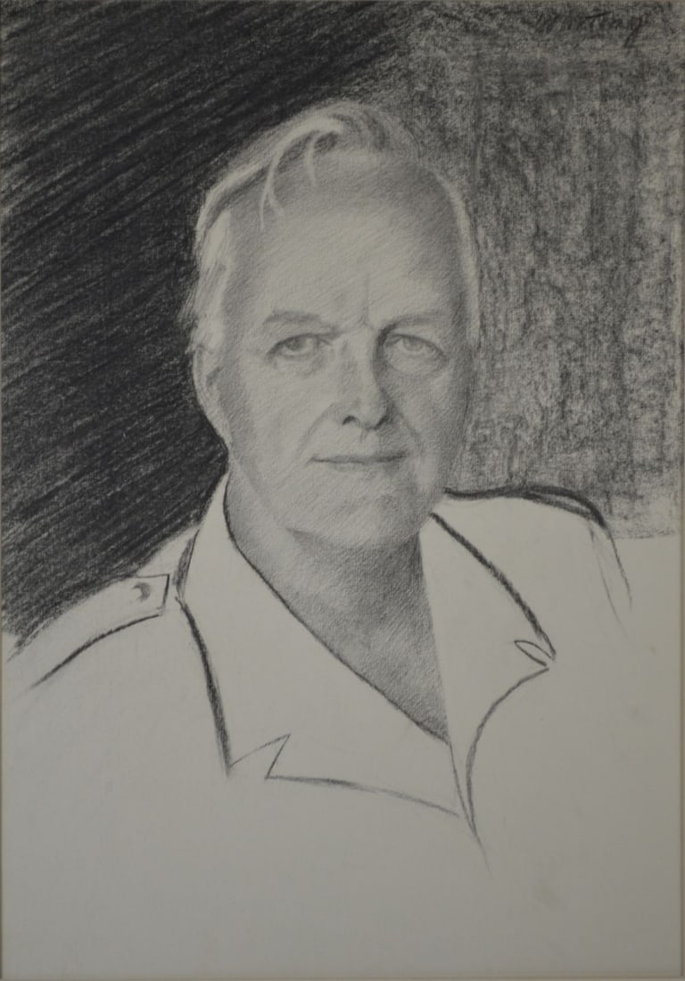PORTRAIT DRAWING: A well done portrait drawing of a handsome man. The work is graphite/paper. Measures: 29 1/2" x 23" Paper: 23" x 19"