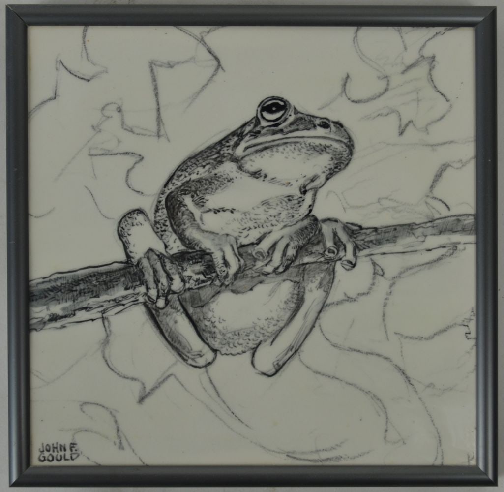 JOHN FLEMING GOULD ORIGINAL TILE PAINTING SIGNED: John Fleming Gould (NY/NJ 1906-1996). An original illustration art painted and glazed tile. The tile is signed and bears an inscription/signature verso. Framed. Provenance: From the artist. 