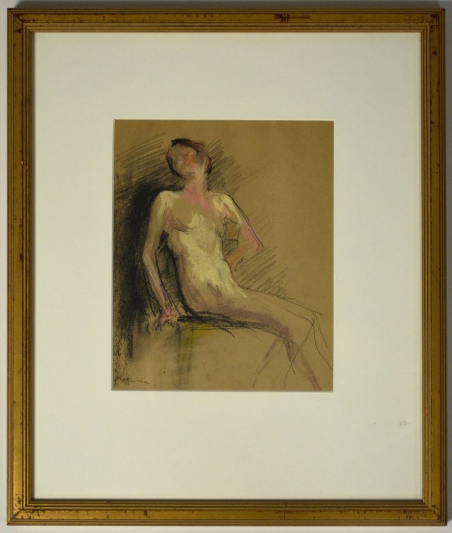 MARGERY AUSTEN RYERSON NUDE DRAWING SIGNED: Margery Austen Ryerson (Amer. 1886-1989). A pastel drawing on paper of a seated nude woman. The work is framed, under glass, in a gilt type modernist frame. The work is signed. A Grand
