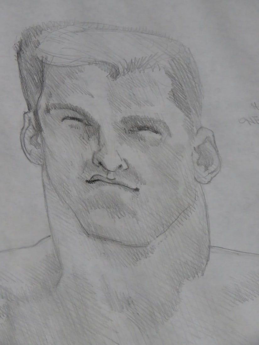 HOMOEROTIC DRAWING OF TWO NUDES: A homoerotic drawing of a two nudes engaged. The work is graphite/paper and is not signed. It is notated - see photos. Measures: 57" x 48"