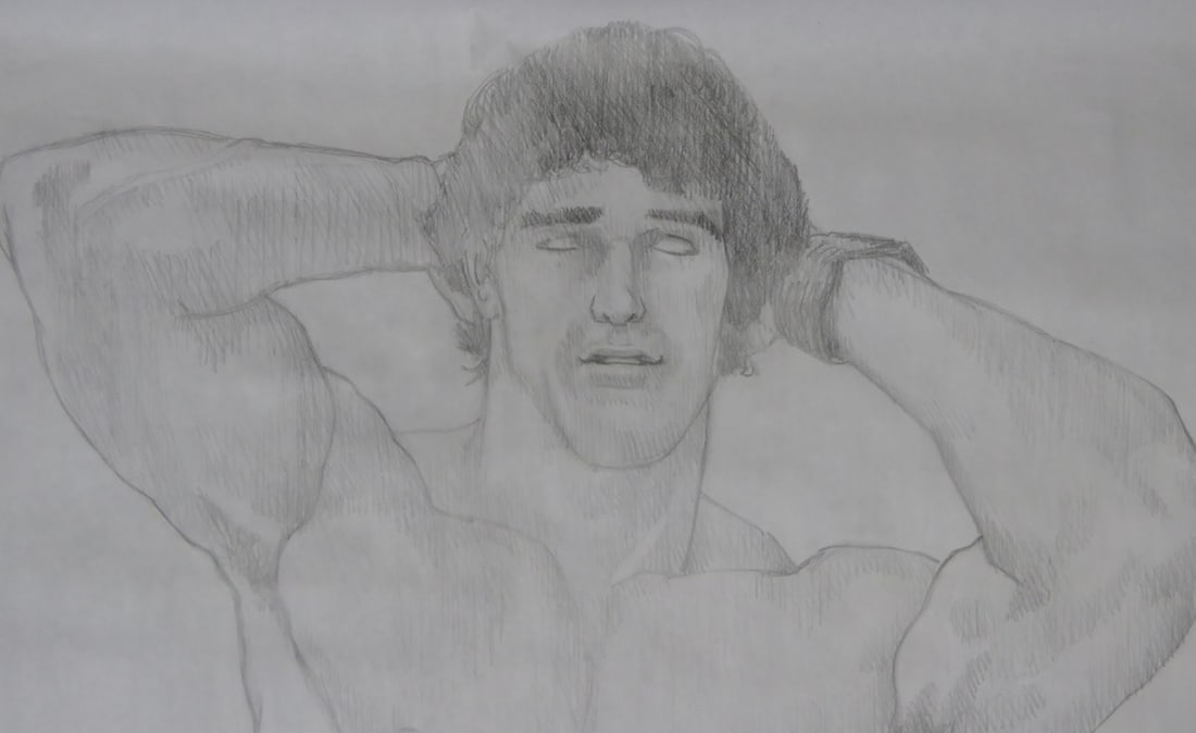 2 NUDES HOMOEROTIC DRAWING: A homoerotic drawing of a two nudes engaged. The work is graphite/paper and is not signed. It is notated - see photos. Measures: 48" x 63"