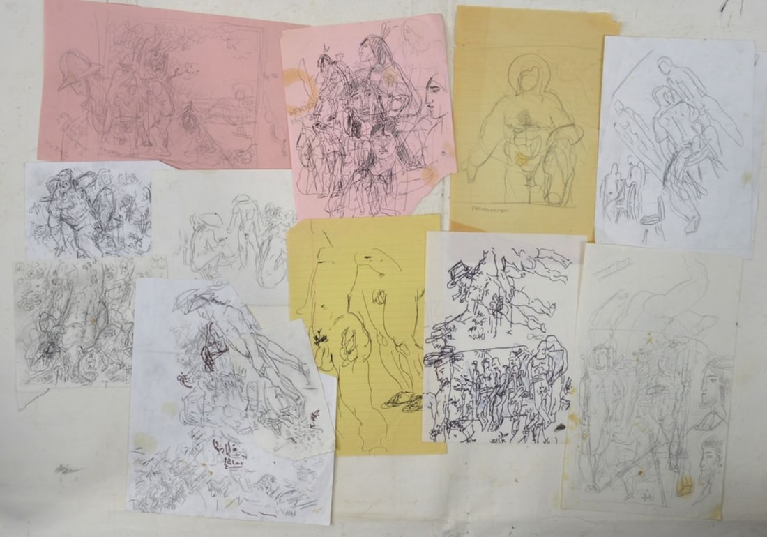 11 PEMBERTON DRAWINGS SOME SIGNED: Pemberton (NY 20th/21st C). Lot of 11 racy, folksy, homoerotic illustration art type drawings or sketches. The works consist of ink/paper and mixed media/paper. Pemberton's style verges on what