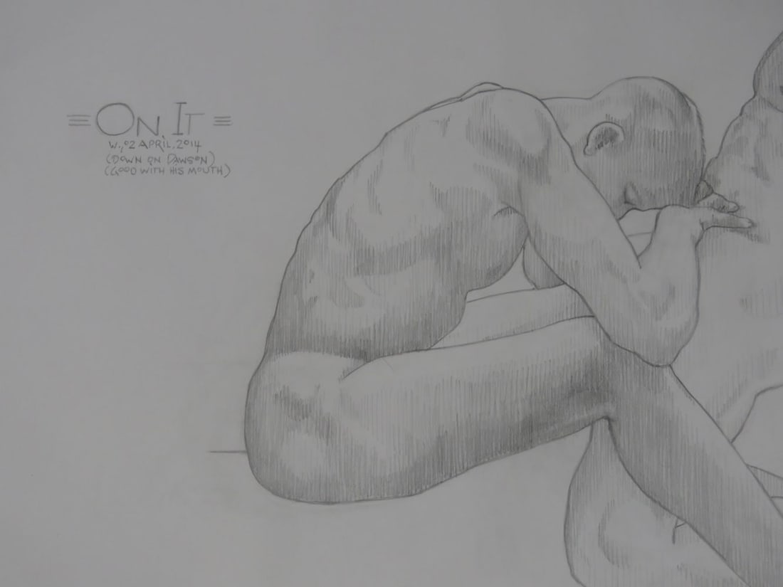 HOMOEROTIC DRAWING OF 2 NUDES: A homoerotic drawing of a two nudes engaged. The work is graphite/paper and is not signed. It is notated - see photos. Measures: 48" x 64