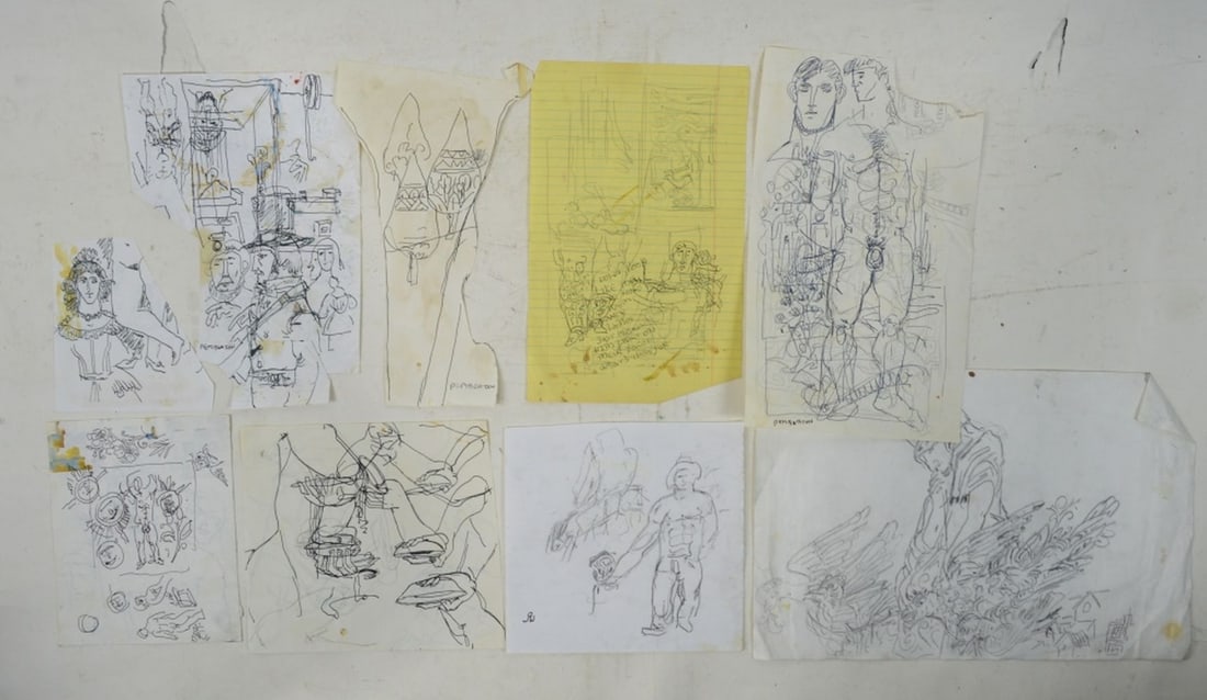9 PEMBERTON HOMOEROTIC DRAWINGS SOME SIGNED: Pemberton (NY 20th/21st C). Lot of 9 racy, folksy, homoerotic illustration art type drawings or sketches. The works consist of ink/paper and mixed media/paper. Pemberton's style verges on what could b