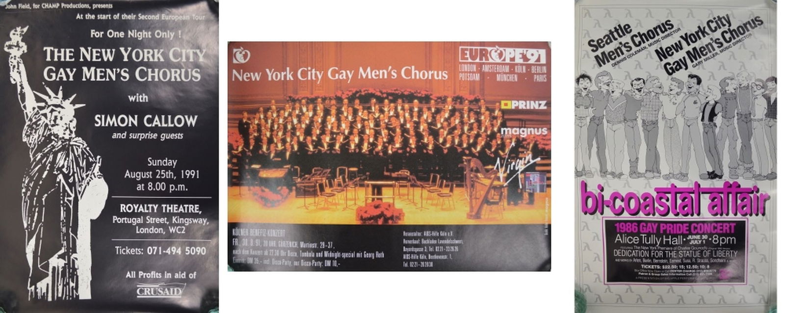 3 VINTAGE NY GAY MEN'S CHORUS POSTERS: A group of 3 vintage NY Gay Men's Chorus posters. Measures: 16 1/2" x 23 1/4" 30" x 20"