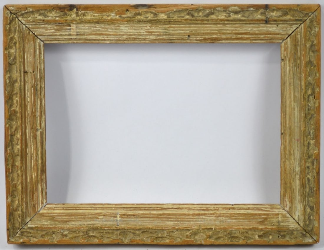 CARVED SPANISH MODERNIST FRAME: A Heydenryk modernist frame based on Spanish antique examples. Nicely carved with gesso scumbling . Measures: 14 1/4" x 11" Rabbet: 11 1/4" x 8"