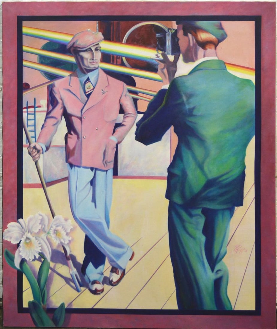 MODERNIST TRAVEL PAINTING SIGNED: Peter Tripp (NY / American D. 2015). A very good and pleasing art deco inspired 1980's modernist painting of 2 gentlemen embarking on a journey...and properly attired The work is acrylic/canvas
