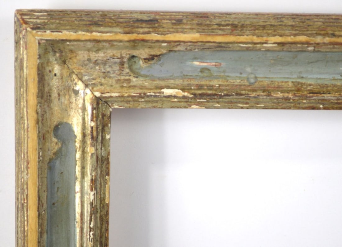 FINE CARVED SILVER GILT ART NOUVEAU FRAME: A very good Art Nouveau carved, silver gilt, and Tiffany blue painted frame. Measures: 25" x 19 7/8" Rabbet: 22 1/4" x 17 1/8"