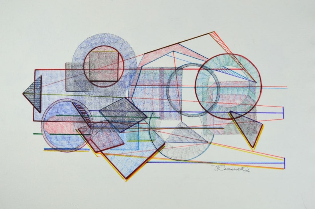 GEOMETRIC ABSTRACT PAINTING SIGNED: A geometric abstract painting reminiscent of works by Ilya Bolotowsky, Kenneth Noland, and Victor Vasarely. The work is mixed media on heavy paper. It is signed. Measures: 20" x 25 1/4"