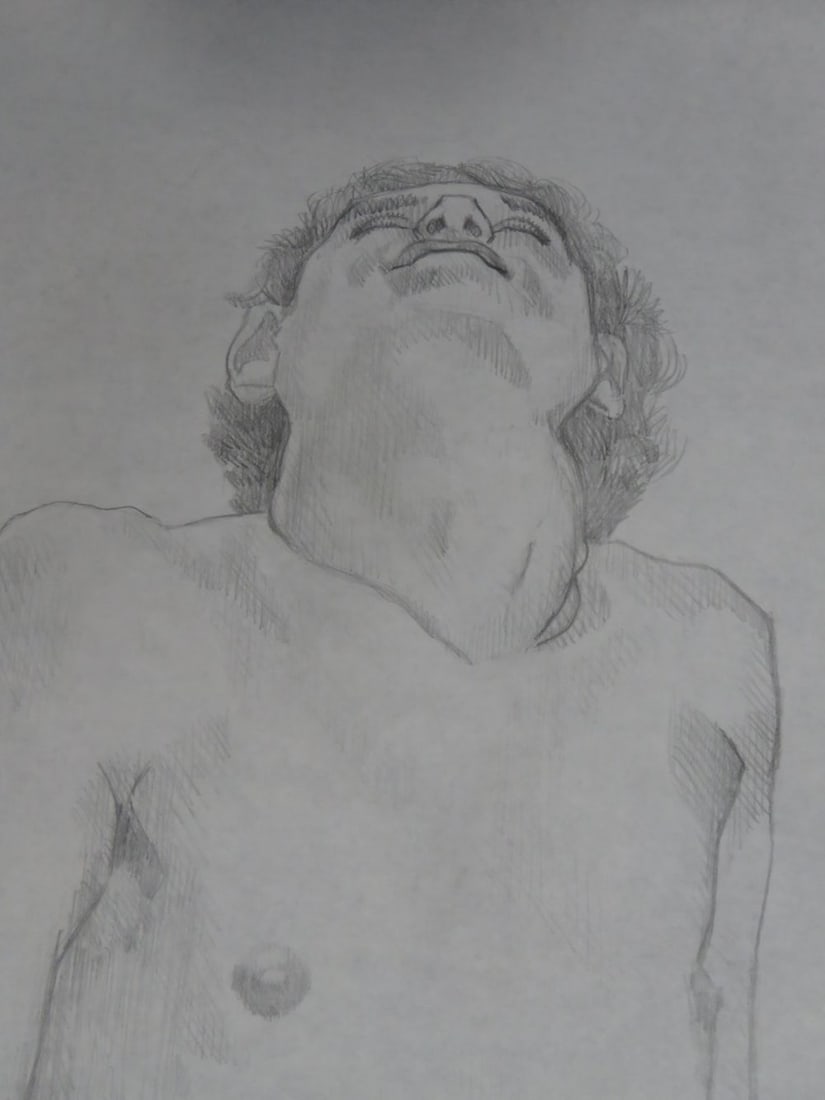 HOMOEROTIC DRAWING OF TWO NUDES: A homoerotic drawing of a two nudes engaged in congress. The work is graphite/paper and is not signed. It is notated - see photos. Measures: 48" x 59"