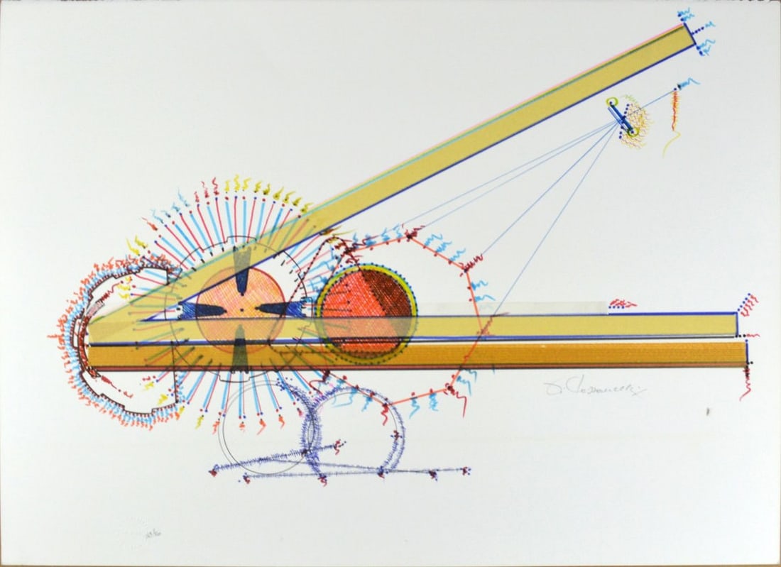 MODERNIST GEOMETRIC ABSTRACT PAINTING SIGNED: 20th century geometric abstract painting. T The work is mixed media on heavy paper. It is signed and bears the artist's blindstamp.. Measures: 21 3/4" x 30"