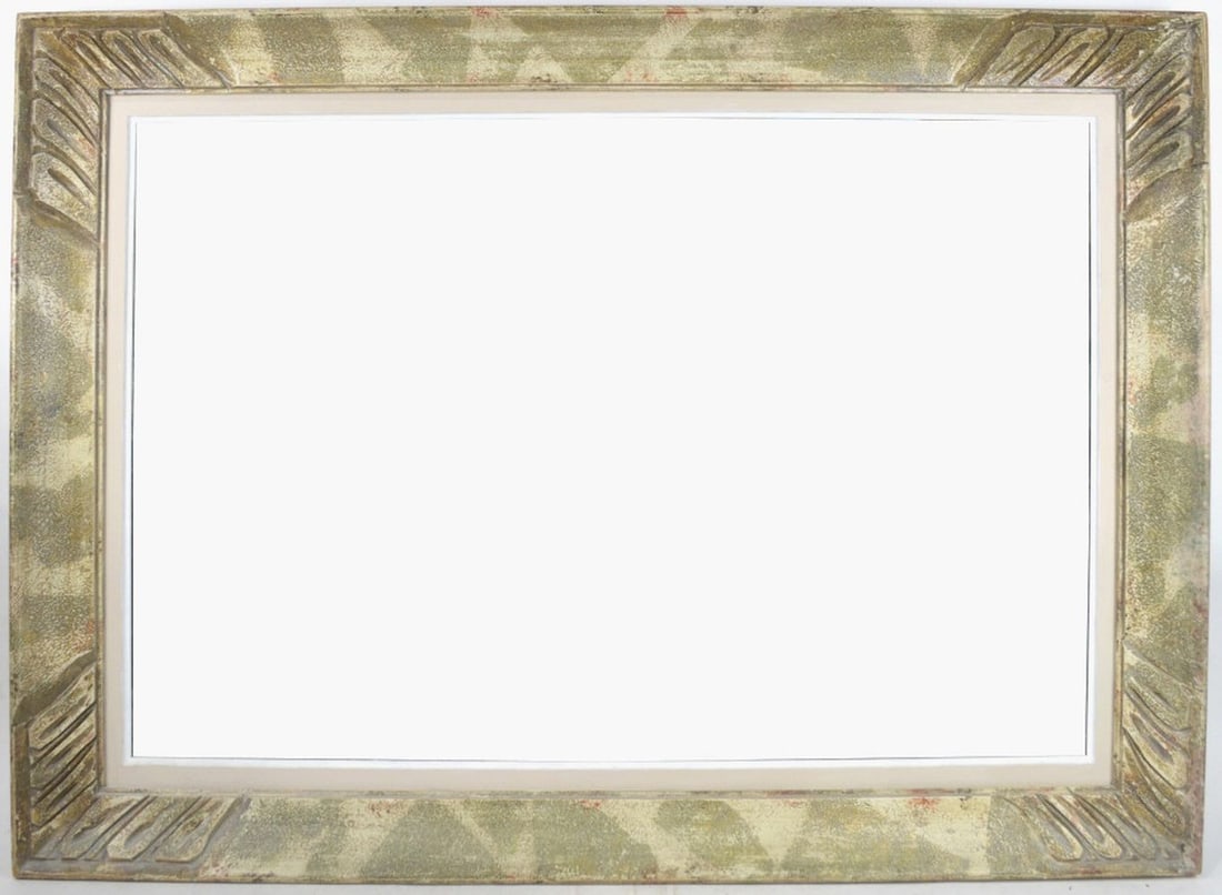 AMERICAN MODERNIST FRAME: An American modernist frame with carved corner detail. Measures: 31 1/2" x 43" Rabbet: 24 1/4" x 36 1/4"