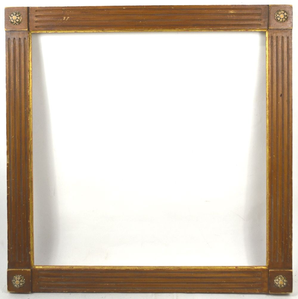AMERICAN GILT EDGE FRAME: An American channel carved frame with block corners, rosette detail and a gilt inner edge. Measures: 27 1/2" x 27 1/2" Rabbet: 23 1/2" x 23 1/2"