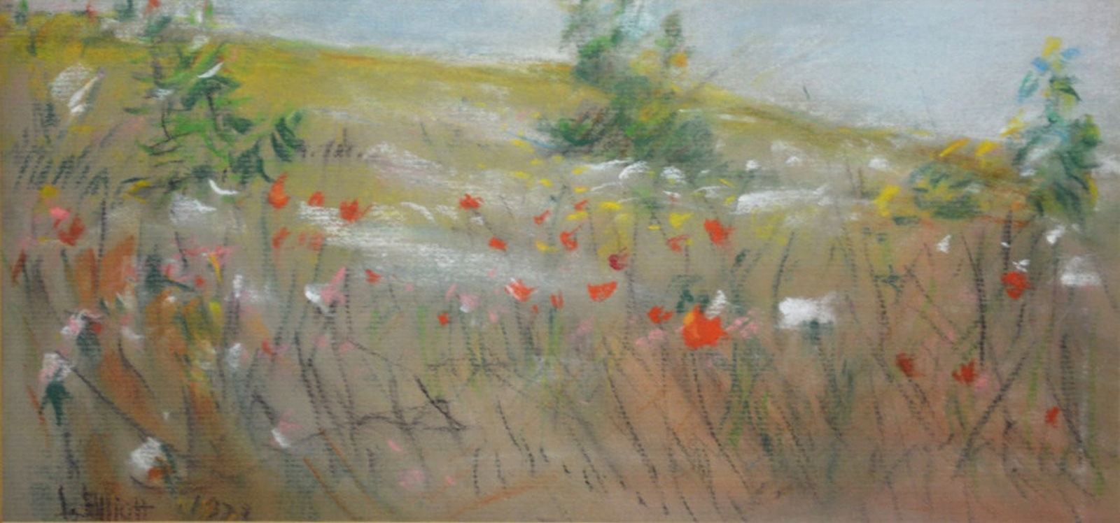 CHILDE HASSAM (AFTER) DRAWING SIGNED: A drawing after the Childe Hassam drawing "Poppies, Isles of Shoals. The work is pastel/paper and is signed (Louise Elliott - aka Pauline L Budds). The work is presented in a simple, modern,
