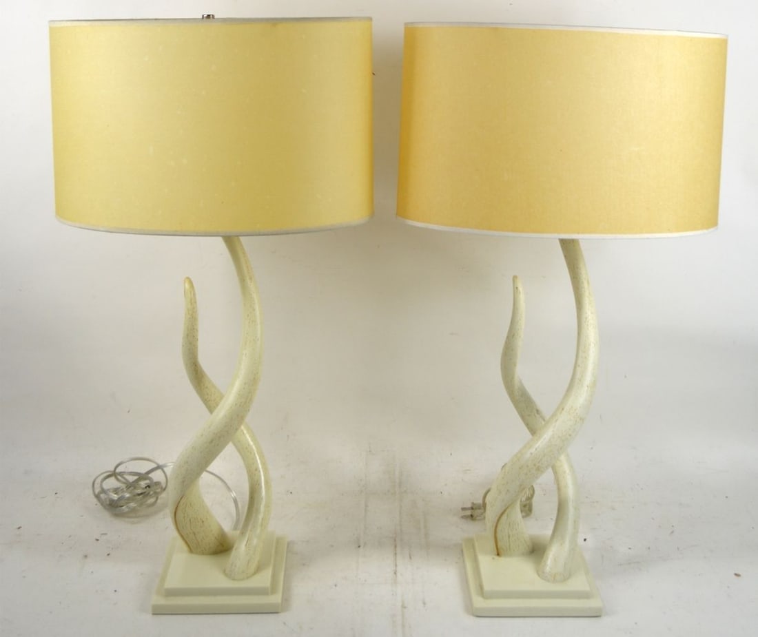 PAIR WEST ELM ANTELOPE HORN LAMPS: A pair of West Elm "antelope" horn table lamps with shades. Measures: 29 1/2" x 16" x 10"