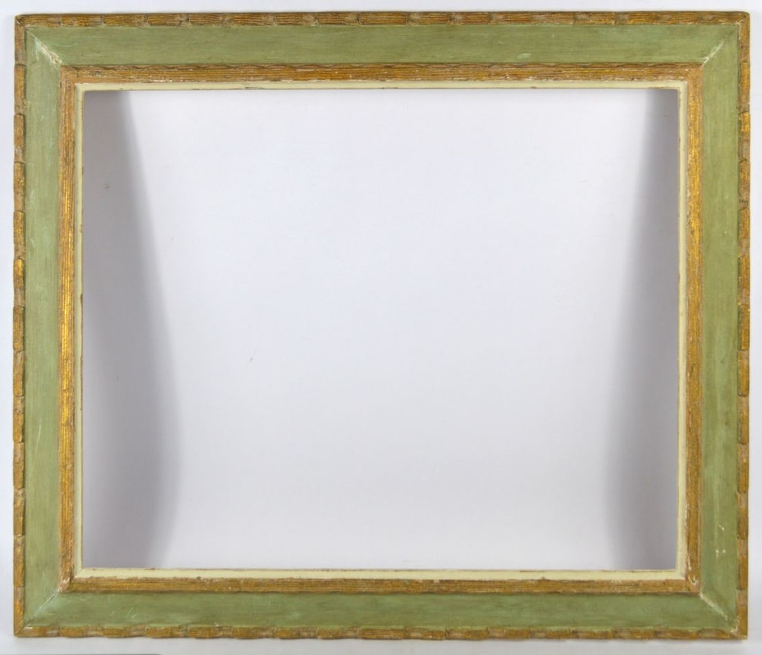 HEYDENRYK AMERICAN MODERNIST FRAME: A good American modernist frame with carved and gilt stepped outer border and a receding aqua tinted panel. Measures: 31" x 25 3/4" Rabbet: 25 1/4" x 20 1/4"