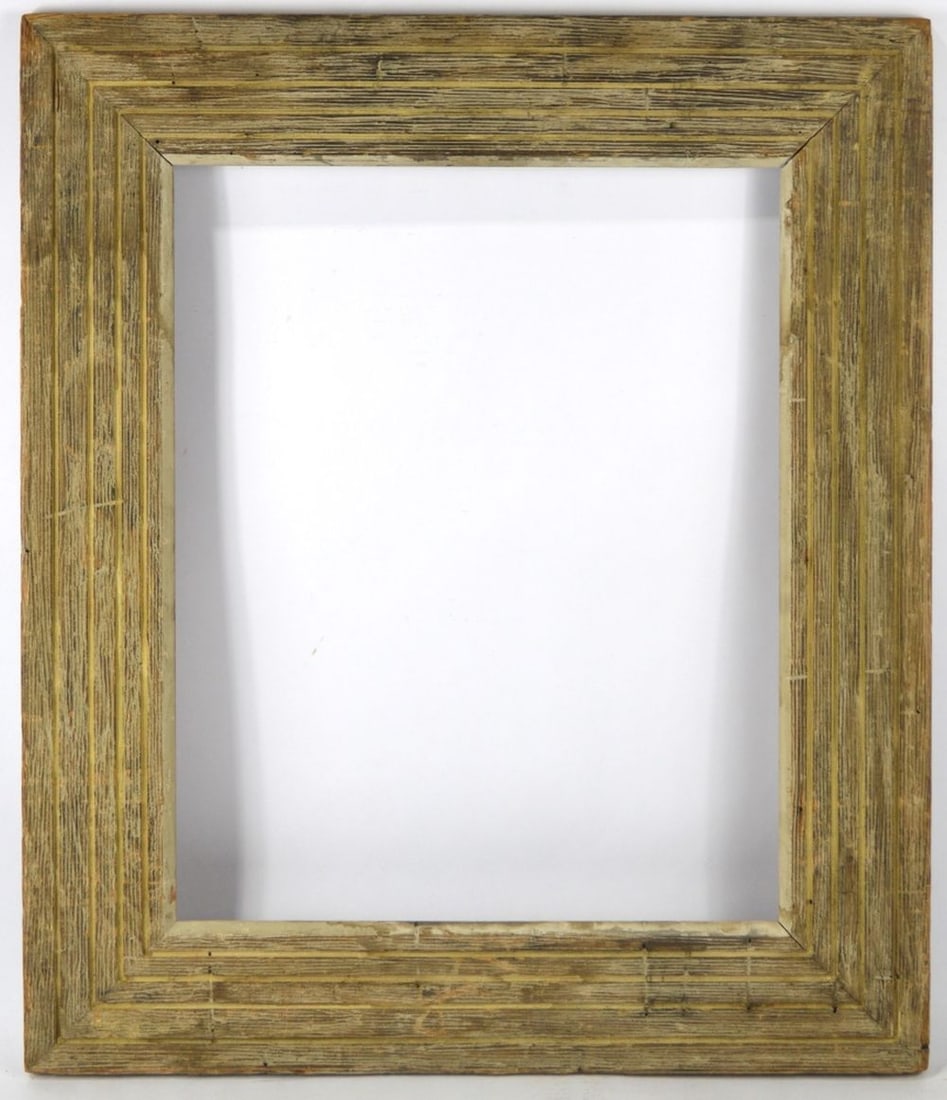 AMERICAN MODERNIST WORMY CHESNUT FRAME 16X20: Simple, yet rustically elegant, wide panel wormy chestnut frame with simple parallel carved design. Measures: 27 1/4" x 23 1/4" Rabbet: 20 1/4" x 16 1/4"
