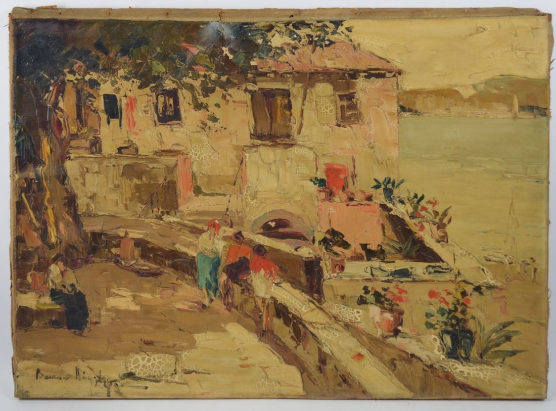 20TH C IMPRESSIONIST PAINTING SIGNED: A European / Continental Impressionist painting of a waterside meeting. The work is signed and has some impasto. Measures: 23 2/4" x 31 3/4"