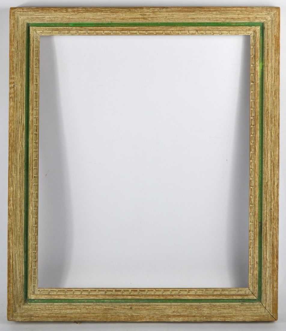HEYDENRYK MODERNIST FRAME: A classic Heydenryk modernist frame with a narrow monochrome moss green cassetta strip Measures: 24" x 21" Rabbet: 20 3/8" x 17 1/4"