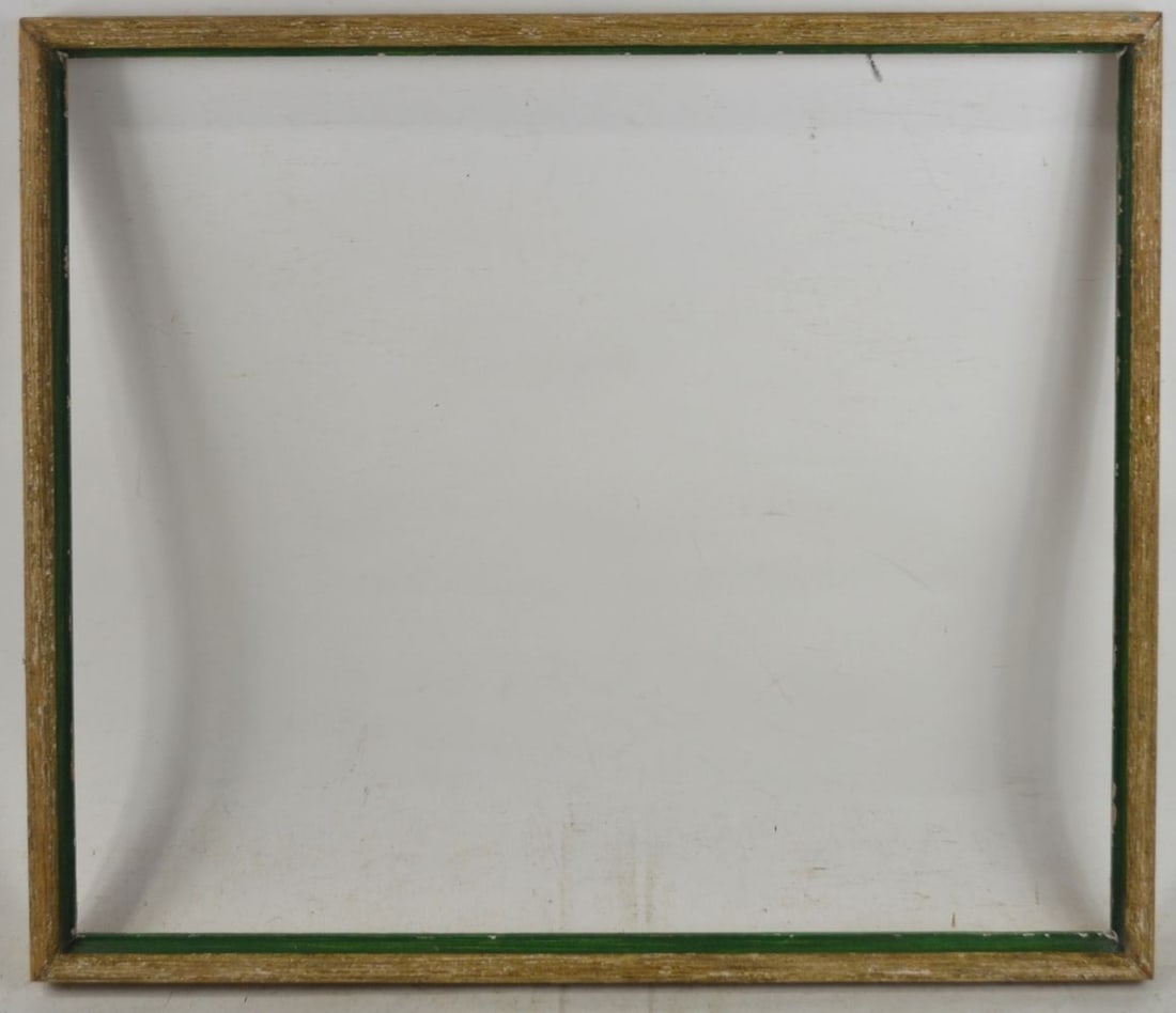 AMERICAN MODERNIST FRAME BY HEYDENRYK: An iconic Heydenryk American modernist frame finished with gesso scumbling and a kelly green scoop cove inner edge. Measures: 26" x 22 1/8" Rabbet: 24 3/4" x 21"