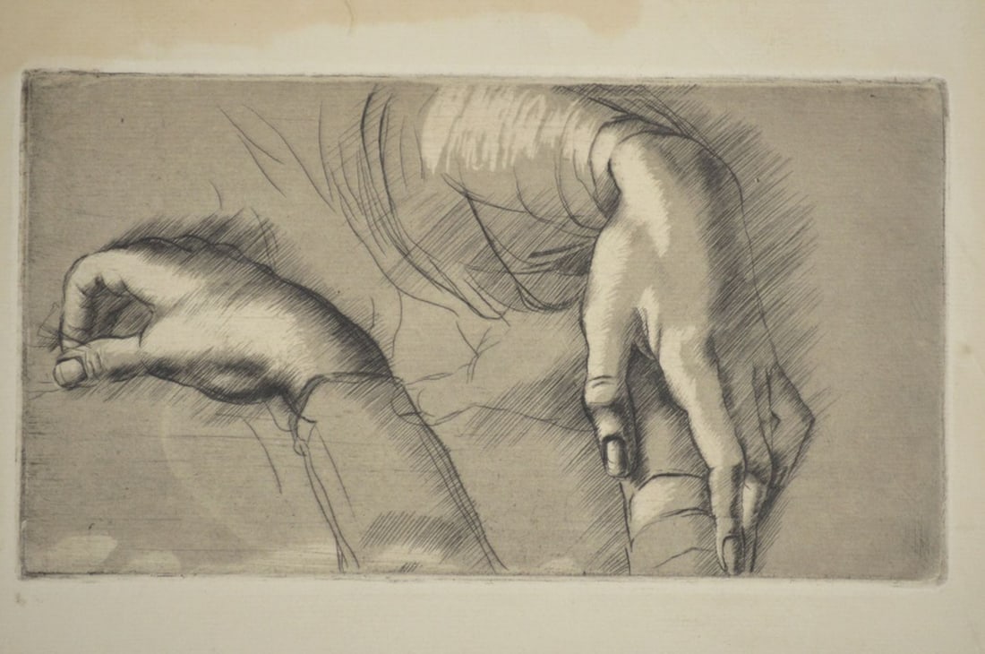 3 FINE ETCHINGS: Three very well executed etchings on laid paper. There is a very fine male portrait, a study of hands after Leonardo Da Vinci, and a third etching depicting Christ's ascent to heaven. No