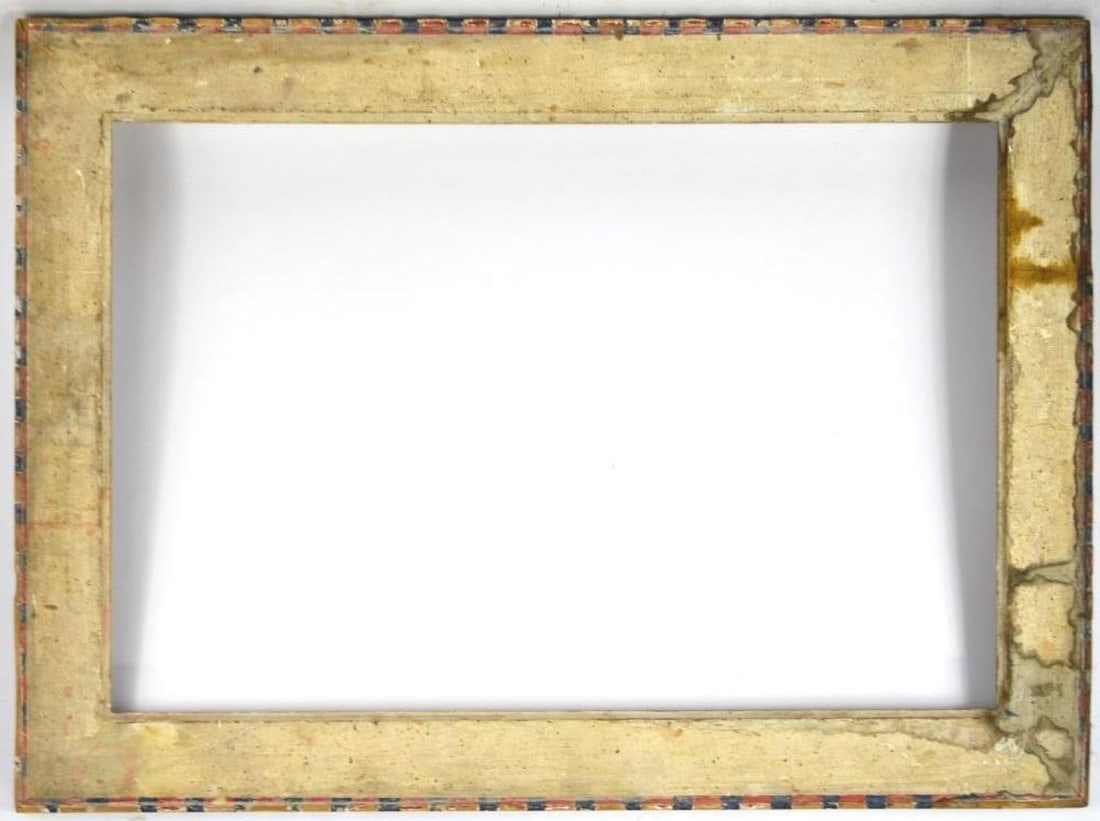 HEYDENRYK AMERICAN PRIMITIVE FRAME: A Heydenryk American Modernist "primitive" cassetta frame. Polychrome dental type edge. Label verso. Measures: 28" x 19 1/4" Rabbet: 24" x 15 1/4"