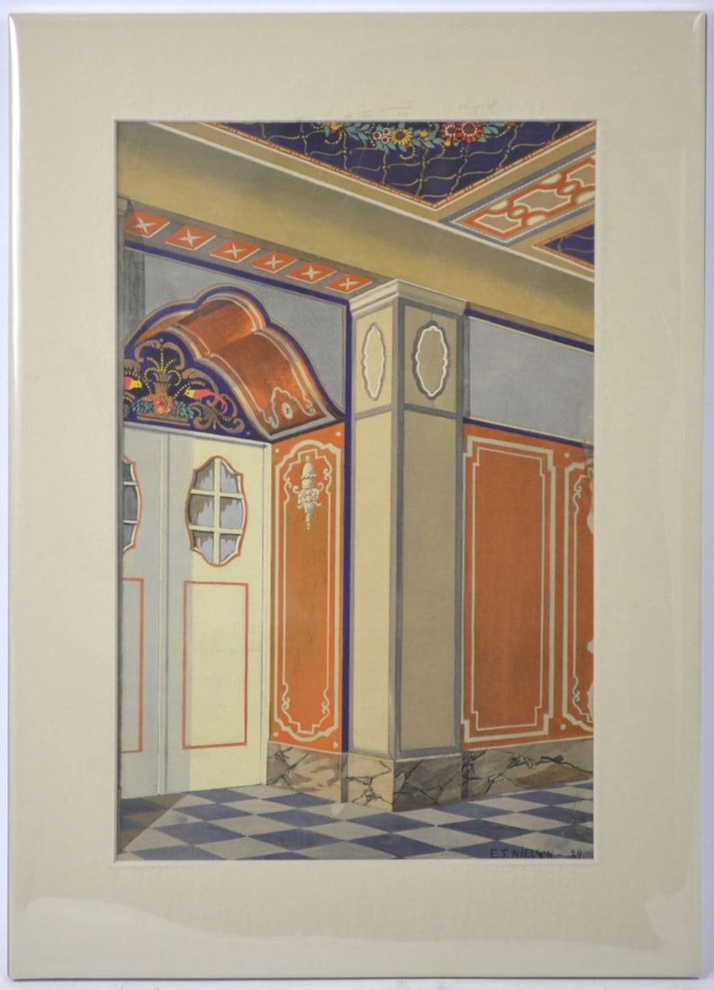 FINE 1929 ARCHITECTURAL PAINTING SIGNED NIELSON: A very good architectural / interior design painting. The work is W/C on paper and is signed and dated (1929). It is matted and wrapped in mylar. Measures: 18" x 13" Provenance: Property of a