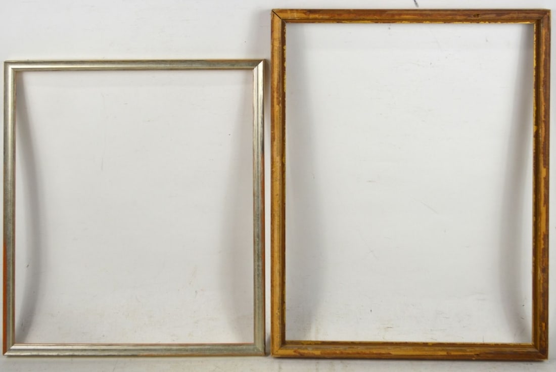 2 MODERNIST FRAMES ONE SILVER ONE GILT EDGE: 2 Modernist frames. One a thin edge silver finish. The other with a thin edge gilt inner border. Measures: Largest 20 1/4" x 15 1/4" rabbet: 19 1/4" x 14 1/4"