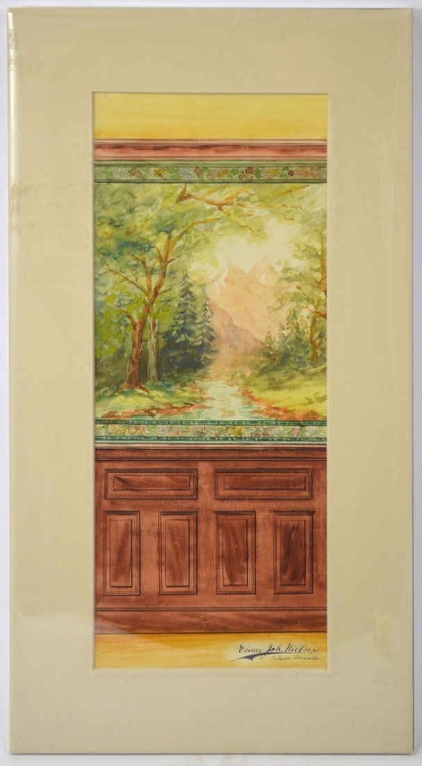 FINE 1929 ARCHITECTURAL PAINTING SIGNED NIELSON: A very good architectural / interior design painting. The work is W/C on paper and is signed and dated (1929). It is matted and wrapped in mylar. Measures: 19" x 10" Provenance: Property of a