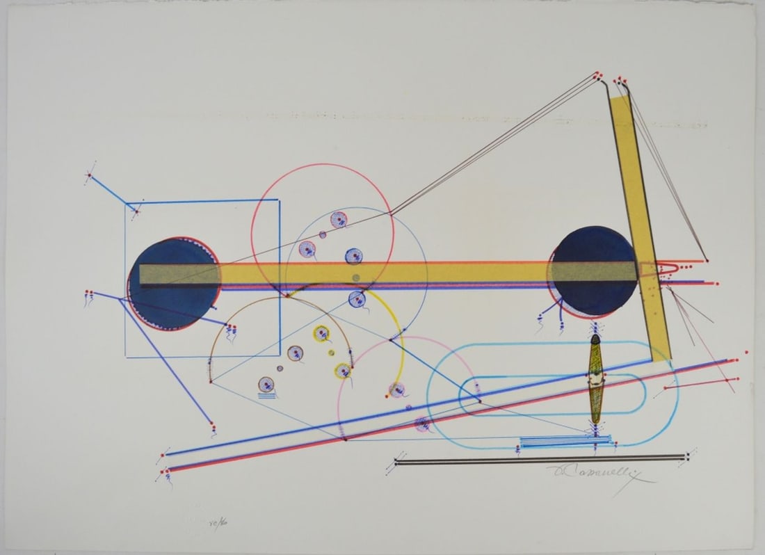 GEOMETRIC ABSTRACT PAINTING SIGNED: A geometric abstract drawing. The work is mixed media on heavy laid paper. It is signed, dated, and bears the artist's blindstamp. Measures: 22" x 30"