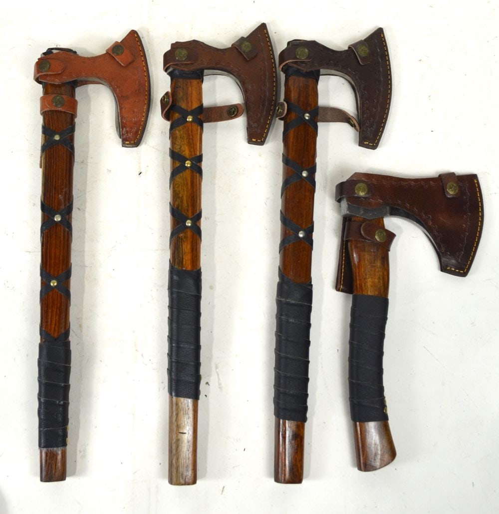 LOT 4 AXES / TOMAAWKS WITH DECORATIVE HANDLES: Lot of 4 axes / tomahawks including sheaths. Measures: Largest 21 1/2" x 5" x 1"
