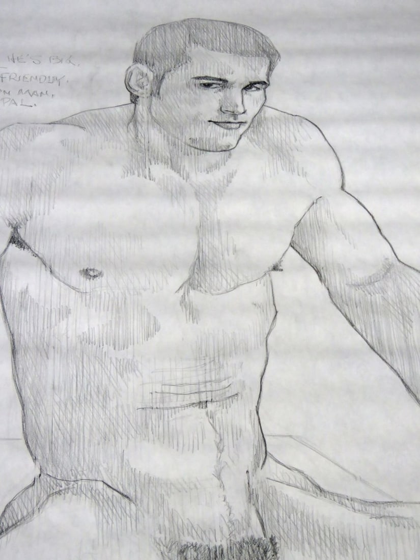 HOMOEROTIC DRAWING OF A FRIENDLY MAN: A homoerotic drawing of a "Friendly" nude man. The work is graphite/paper and is not signed. It is notated - see photos. Titled and dated. He may be big but he's friendly Measures: 48" x 59"