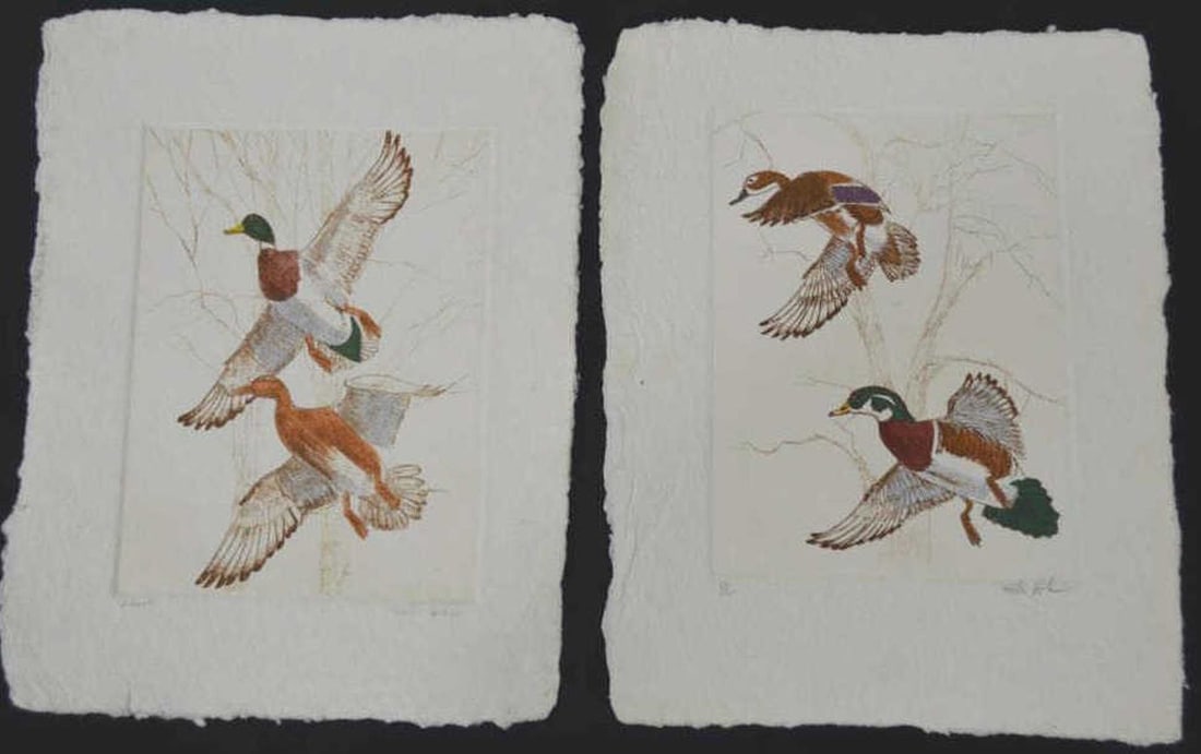 VICTOR HOHNE 2 ETCHINGS W AQUATINT SIGNED: Victor Hohne (US Contemporary). 2 very well done wildlife etchings with aquatint on heavy washi type laid paper. Mallards in flight. The works are signed, and numbered, in pencil. Measures: