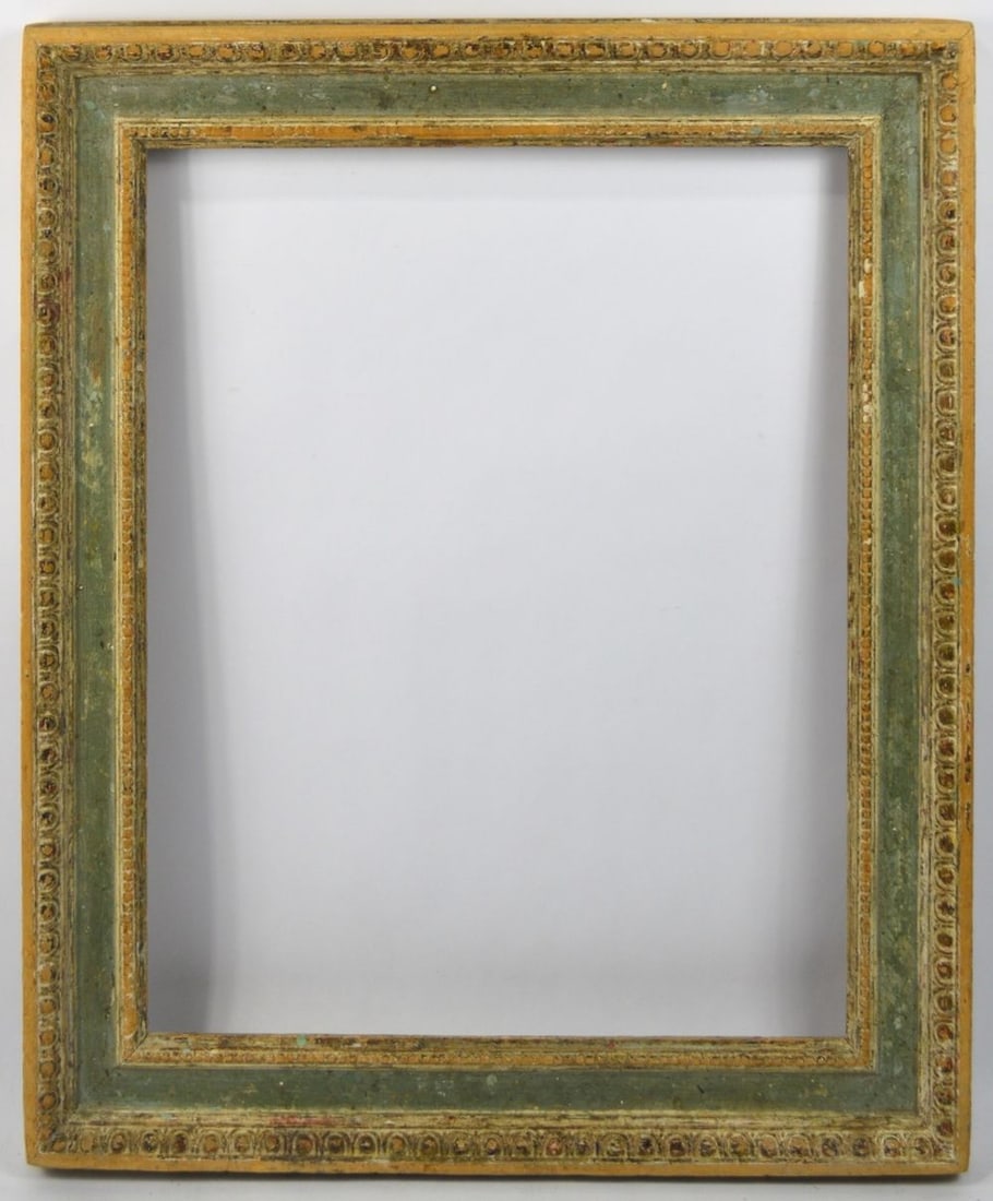 FINE ITALIAN GALLERY FRAME: A very well made gallery frame, with an Italian influence, by Heydenryk. Beaded inner edge and carved outer border surround a cassetta strip finished in a light aquamarine. Measures: 26 3/4" x 22 3/4"