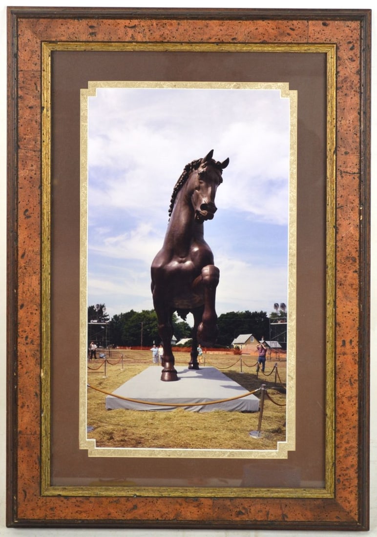 DA VINCI'S BRONZE HORSE PHOTOPRINT FRAMED: A photographic print of Leonardo Da Vinci's infamous horse designed for the Duke of Sforza, c. 1482. The casting was finally made in the Hudson River Valley and executed by the Tallix foundry. 
