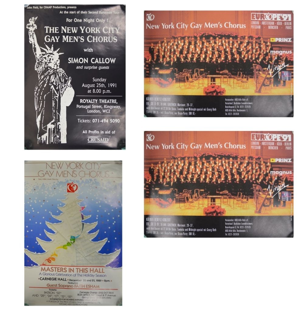 4 VINTAGE NY GAY MEN'S CHORUS POSTERS: A group of 4 vintage NY Gay Men's Chorus posters. Measures: 16 1/2" x 23 1/4" 30" x 20" 23 1/4" x 16 1/2"