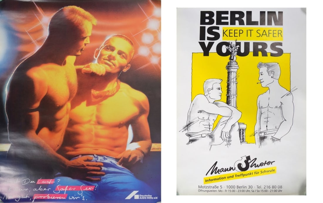 2 VINTAGE 1980'S GERMAN HIV AIDS AWARENESS POSTERS: 2 circa 1980's HIV / AIDS prevention / awareness posters. Note: These were publicly displayed public health and awareness related posters. Measures: 26 1/2" x 19 1/4" 23 1/4" x 16 1/2"